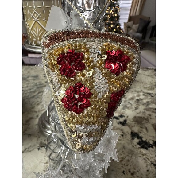 2 J.Crew Beaded Pizza Ornaments Sequins & Hanging Loop Embroidered logo Hoilday - Picture 6 of 12